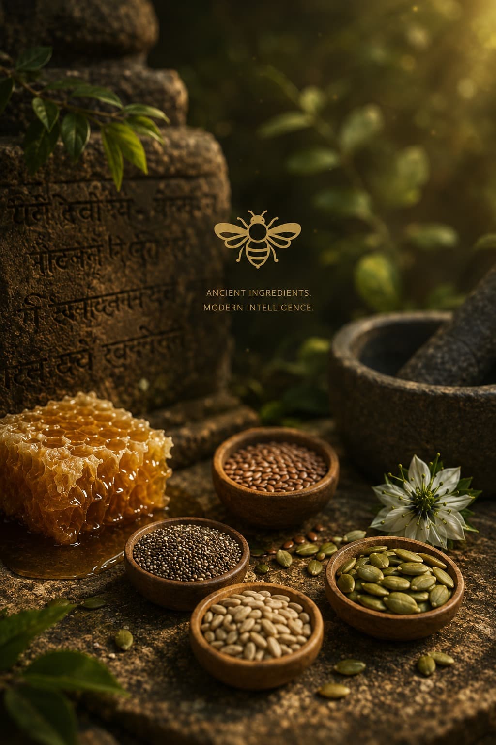 Zeed ingredient plate: sidr honey, seeds and botanical material, photographed for the Ancient Intelligence story